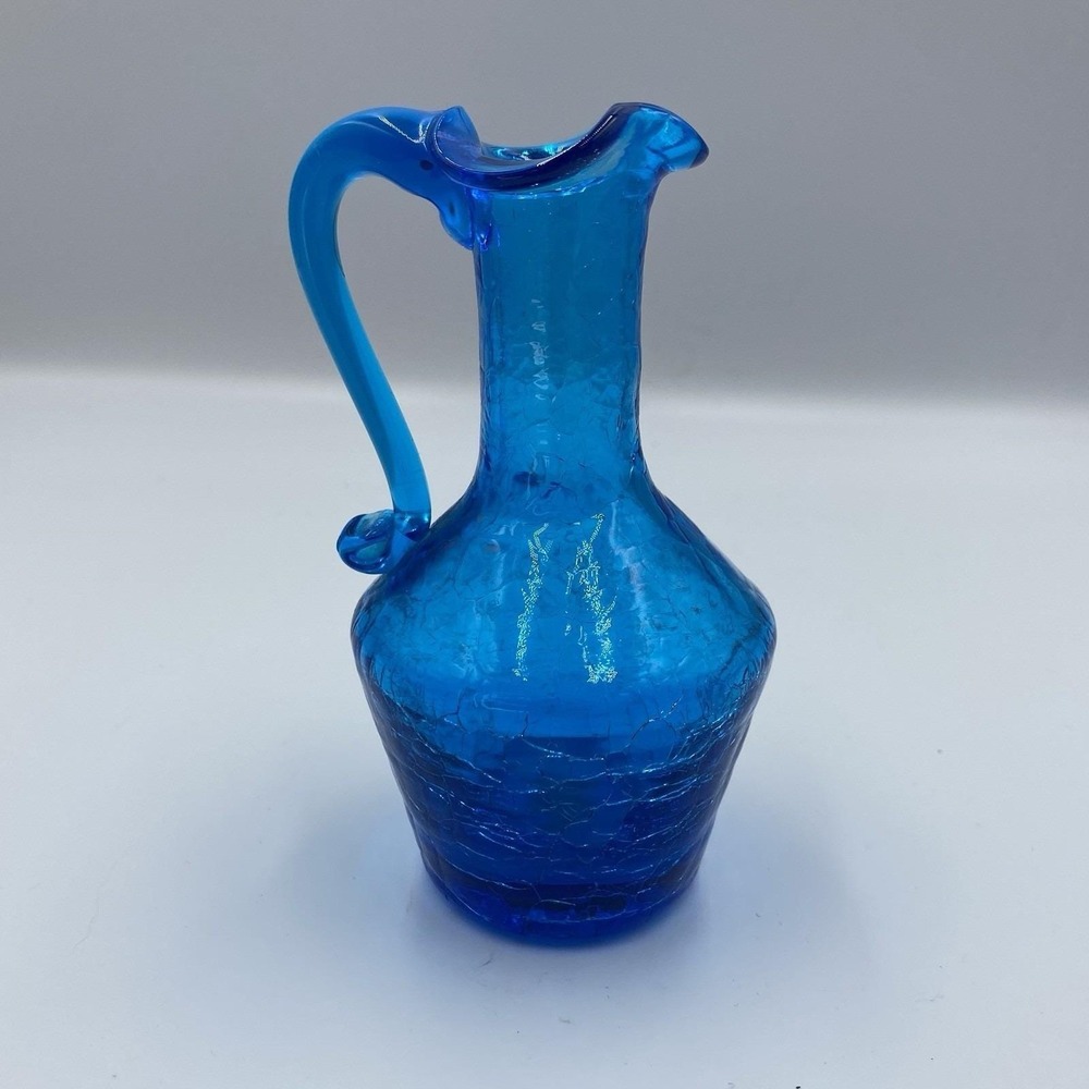 Vintage MCM Handblown Art Glass Blue Crackle Cruet Bottle Vase by Pilgrim  5" - Picture 4 of 4
